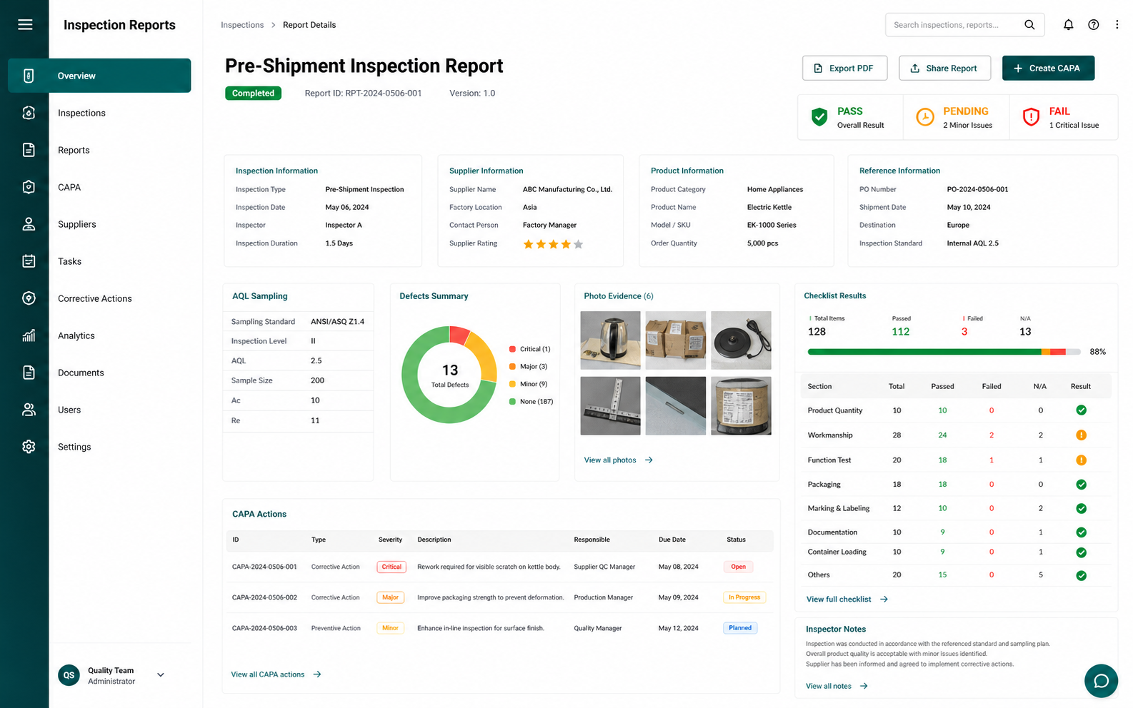 Qarma online inspection report system example